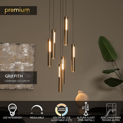 Lucide GRIFFITH - Lámpara colgante - Ø 38 cm - LED Regul. - CCT - 6x6W 2700K/4000K - Adecuado para dobles alturas y techos altos - Bronce | Premium